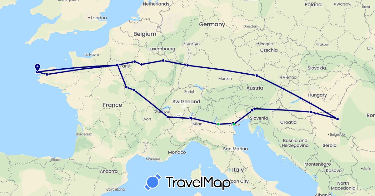 TravelMap itinerary: driving, bus in Austria, Germany, France, Hungary, Italy, Romania, Slovenia (Europe)